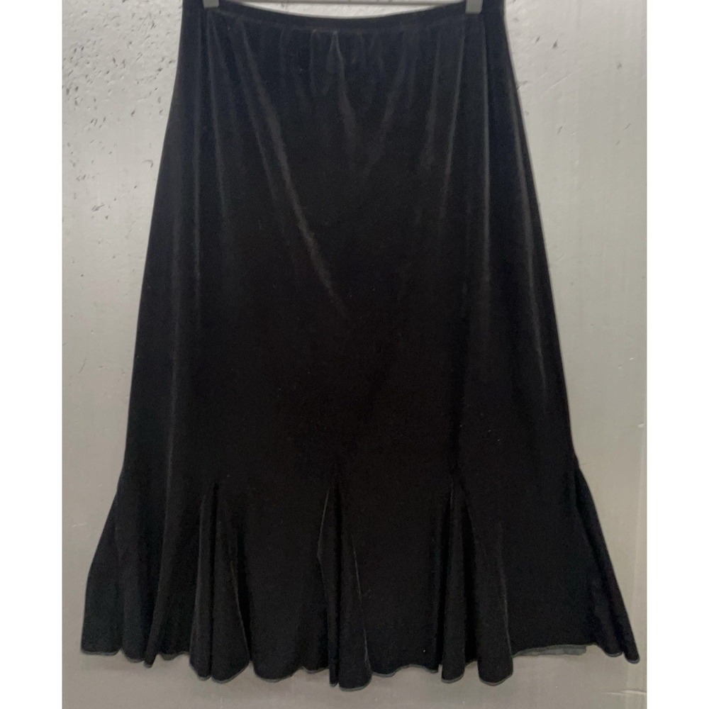 Vtg Black Velvet Skirt M Ruffle Midi Stretch Elegant Dark Romantic Whimsigoth